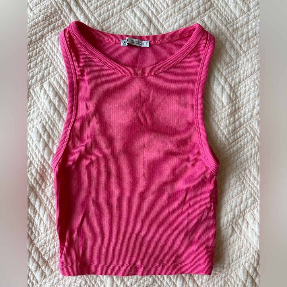 Zara Bright Pink Cropped Tank Top size Small